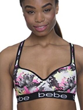 bebe Floral Padded Sports Bra in Black, Pink & Yellow